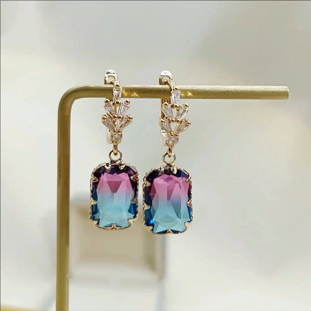 NEW 14k Multicolored Trendy Square Drop Earrings - Picture 4 of 4